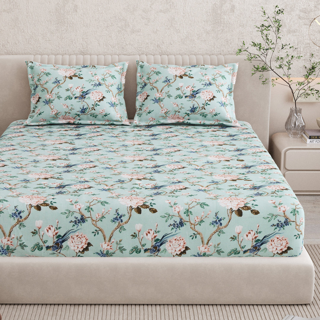Bella Casa Fashion & Retail Ltd BEDSHEET 72 inch x 78 inch + 10 inch / Turquoise / 100 % Pure Cotton Double Fitted Bedsheet Set 100% Cotton with 2 Pillow Covers Floral Design Turquoise Colour - Scarlet Collection