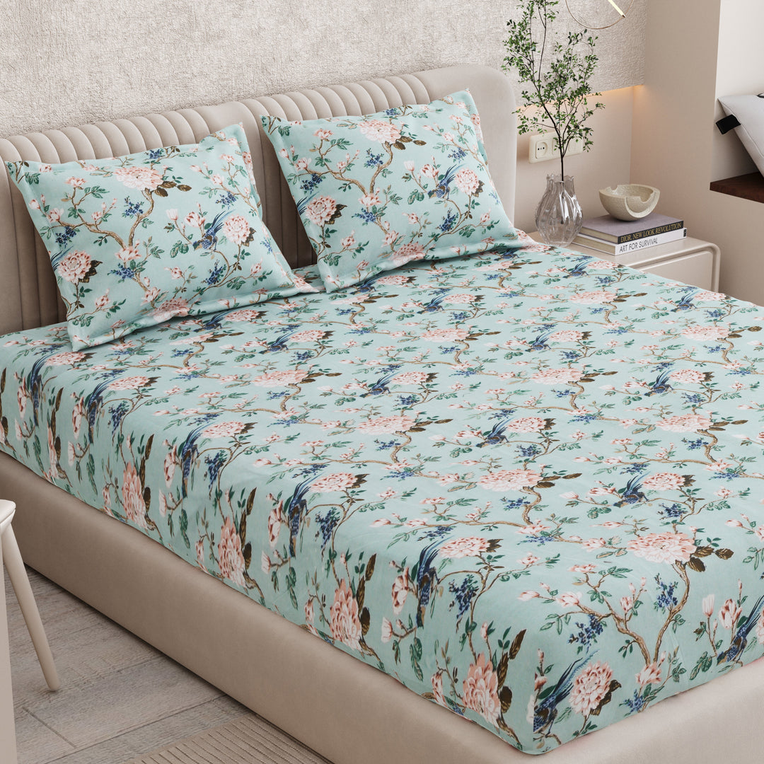 Bella Casa Fashion & Retail Ltd BEDSHEET 72 inch x 78 inch + 10 inch / Turquoise / 100 % Pure Cotton Double Fitted Bedsheet Set 100% Cotton with 2 Pillow Covers Floral Design Turquoise Colour - Scarlet Collection