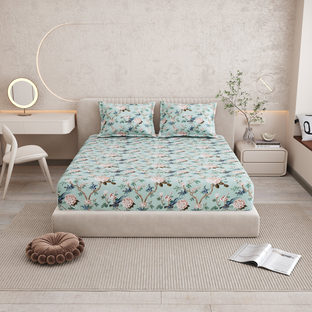 Bella Casa Fashion & Retail Ltd BEDSHEET 72 inch x 78 inch + 10 inch / Turquoise / 100 % Pure Cotton Double Fitted Bedsheet Set 100% Cotton with 2 Pillow Covers Floral Design Turquoise Colour - Scarlet Collection