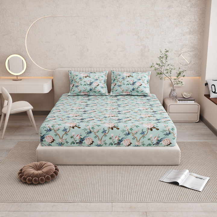 Bella Casa Fashion & Retail Ltd BEDSHEET 72 inch x 78 inch + 10 inch / Turquoise / 100 % Pure Cotton Double Fitted Bedsheet Set 100% Cotton with 2 Pillow Covers Floral Design Turquoise Colour - Scarlet Collection