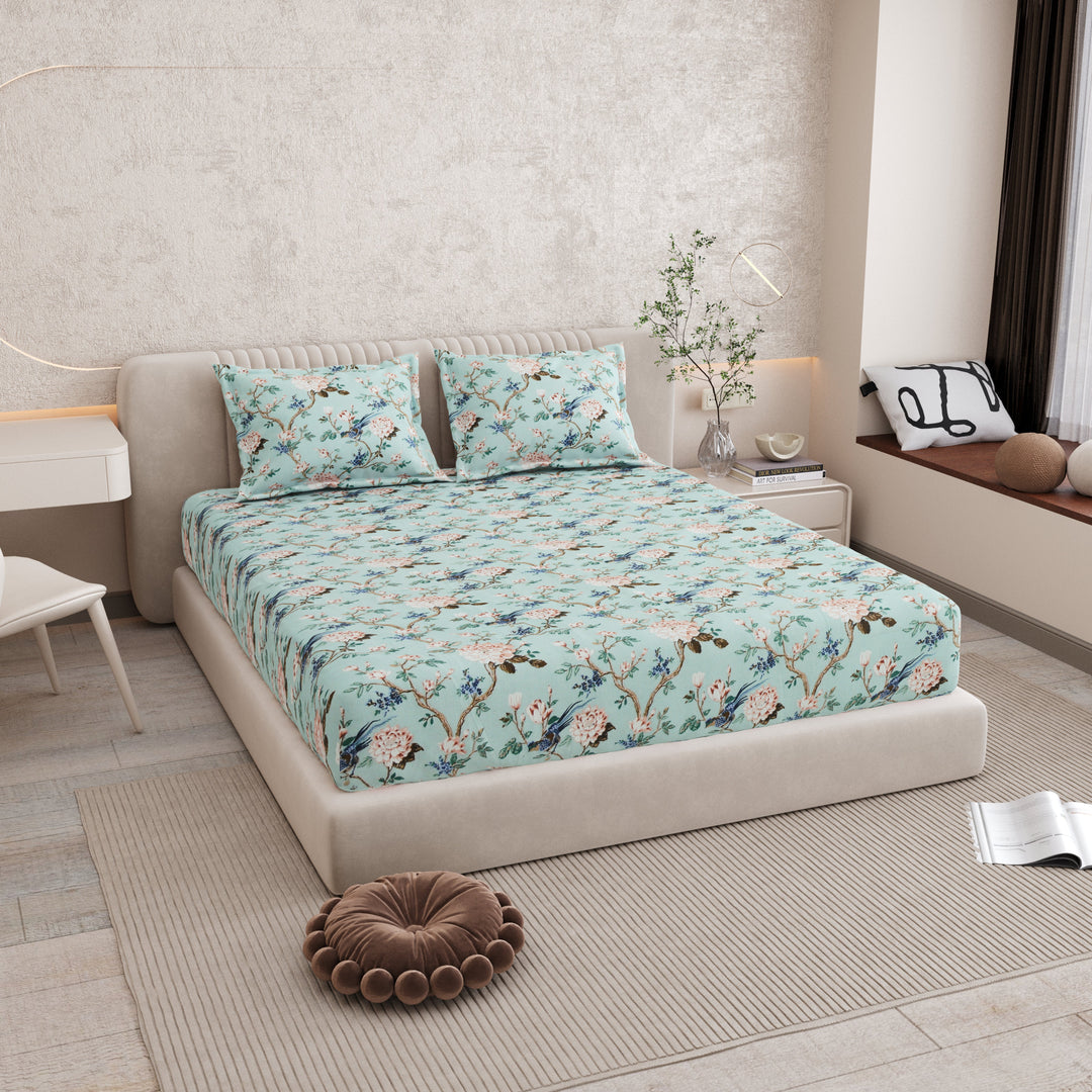 Bella Casa Fashion & Retail Ltd BEDSHEET 72 inch x 78 inch + 10 inch / Turquoise / 100 % Pure Cotton Double Fitted Bedsheet Set 100% Cotton with 2 Pillow Covers Floral Design Turquoise Colour - Scarlet Collection