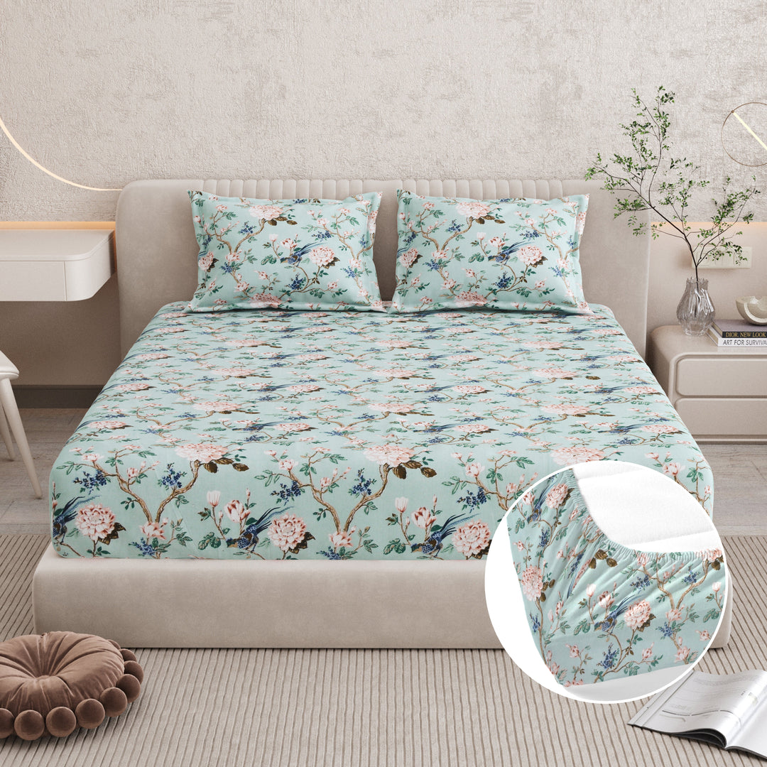 Bella Casa Fashion & Retail Ltd BEDSHEET 72 inch x 78 inch + 10 inch / Turquoise / 100 % Pure Cotton Double Fitted Bedsheet Set 100% Cotton with 2 Pillow Covers Floral Design Turquoise Colour - Scarlet Collection