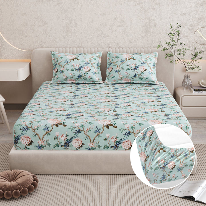 Bella Casa Fashion & Retail Ltd BEDSHEET 72 inch x 78 inch + 10 inch / Turquoise / 100 % Pure Cotton Double Fitted Bedsheet Set 100% Cotton with 2 Pillow Covers Floral Design Turquoise Colour - Scarlet Collection