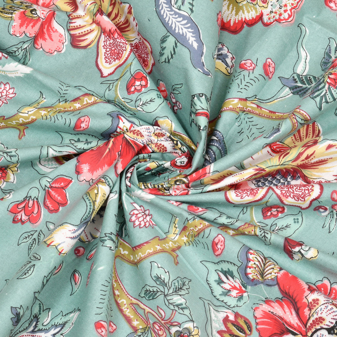 Bella Casa Fashion & Retail Ltd BEDSHEET 72 inch x 78 inch + 10 inch / Turquoise and Coral Red / 100 % Pure Cotton Double Fitted Bedsheet Set 100% Cotton with 2 Pillow Covers Floral Design Turquoise and Coral Red Colour - Scarlet Collection