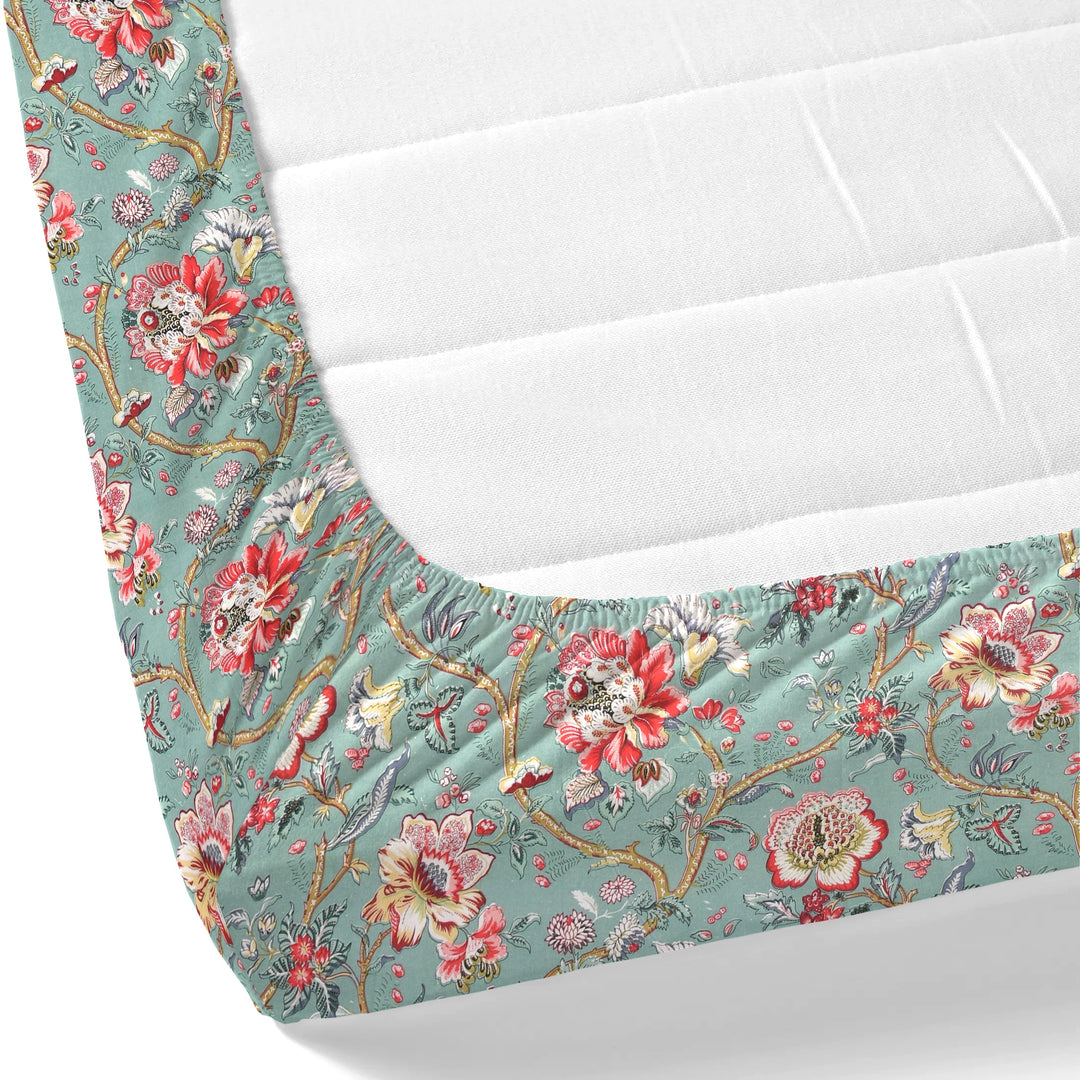 Bella Casa Fashion & Retail Ltd BEDSHEET 72 inch x 78 inch + 10 inch / Turquoise and Coral Red / 100 % Pure Cotton Double Fitted Bedsheet Set 100% Cotton with 2 Pillow Covers Floral Design Turquoise and Coral Red Colour - Scarlet Collection