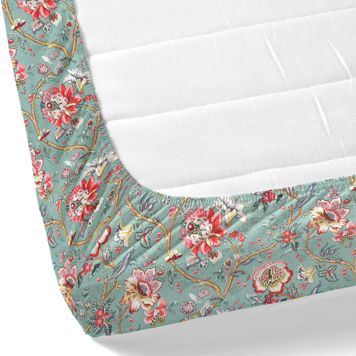 Bella Casa Fashion & Retail Ltd BEDSHEET 72 inch x 78 inch + 10 inch / Turquoise and Coral Red / 100 % Pure Cotton Double Fitted Bedsheet Set 100% Cotton with 2 Pillow Covers Floral Design Turquoise and Coral Red Colour - Scarlet Collection