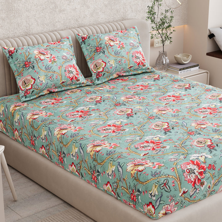Bella Casa Fashion & Retail Ltd BEDSHEET 72 inch x 78 inch + 10 inch / Turquoise and Coral Red / 100 % Pure Cotton Double Fitted Bedsheet Set 100% Cotton with 2 Pillow Covers Floral Design Turquoise and Coral Red Colour - Scarlet Collection