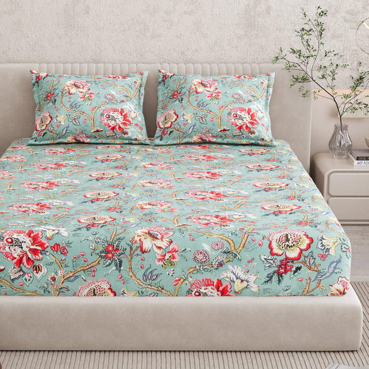 Bella Casa Fashion & Retail Ltd BEDSHEET 72 inch x 78 inch + 10 inch / Turquoise and Coral Red / 100 % Pure Cotton Double Fitted Bedsheet Set 100% Cotton with 2 Pillow Covers Floral Design Turquoise and Coral Red Colour - Scarlet Collection
