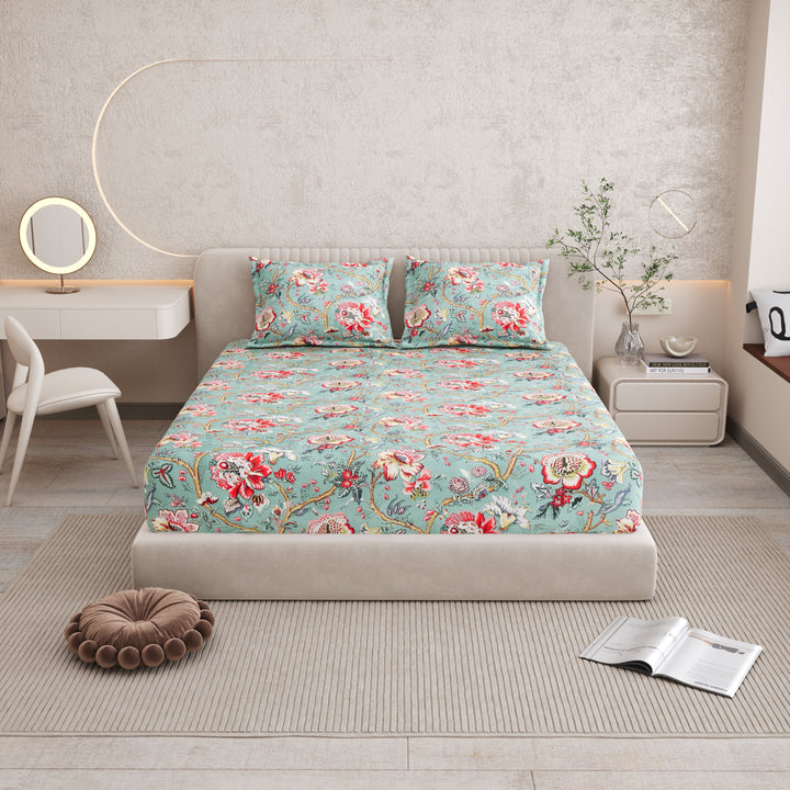 Bella Casa Fashion & Retail Ltd BEDSHEET 72 inch x 78 inch + 10 inch / Turquoise and Coral Red / 100 % Pure Cotton Double Fitted Bedsheet Set 100% Cotton with 2 Pillow Covers Floral Design Turquoise and Coral Red Colour - Scarlet Collection