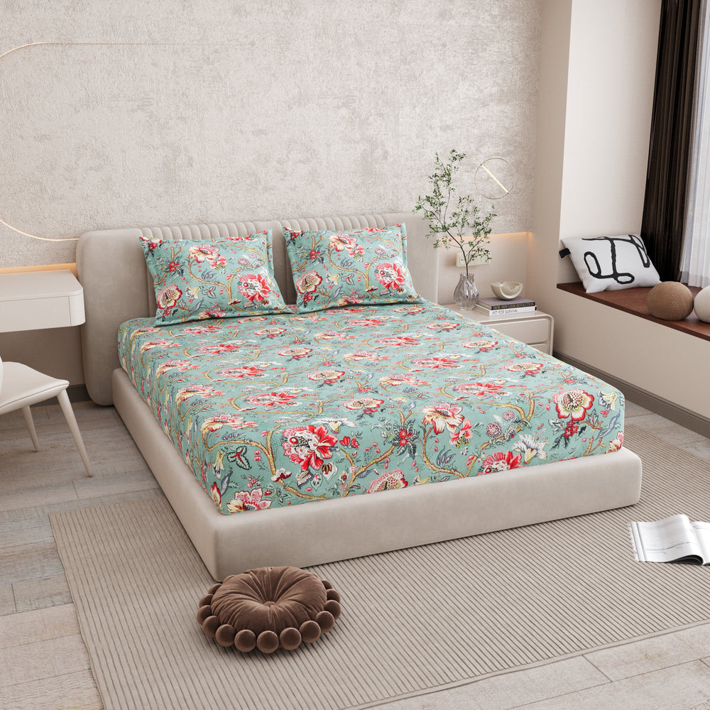 Bella Casa Fashion & Retail Ltd BEDSHEET 72 inch x 78 inch + 10 inch / Turquoise and Coral Red / 100 % Pure Cotton Double Fitted Bedsheet Set 100% Cotton with 2 Pillow Covers Floral Design Turquoise and Coral Red Colour - Scarlet Collection