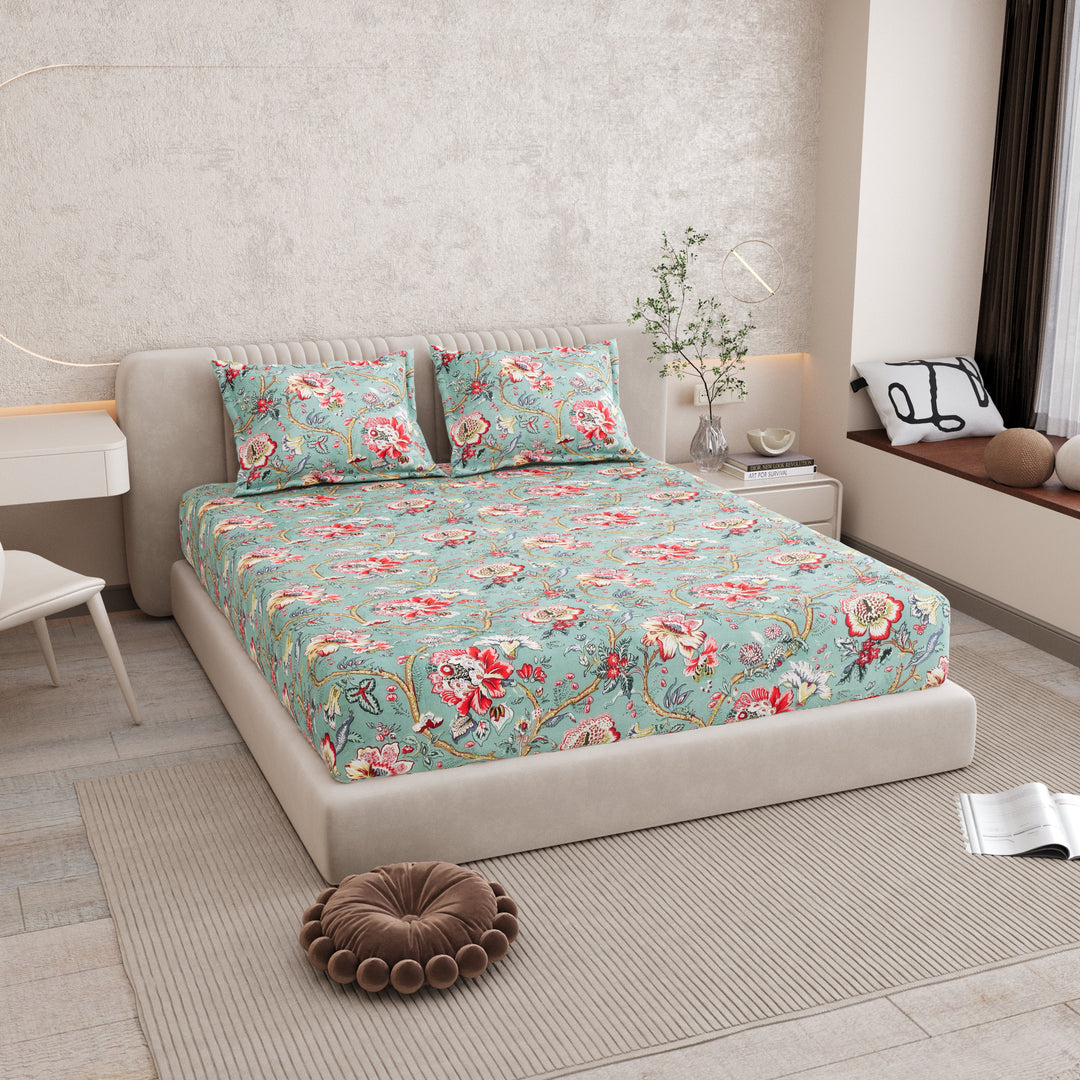 Bella Casa Fashion & Retail Ltd BEDSHEET 72 inch x 78 inch + 10 inch / Turquoise and Coral Red / 100 % Pure Cotton Double Fitted Bedsheet Set 100% Cotton with 2 Pillow Covers Floral Design Turquoise and Coral Red Colour - Scarlet Collection