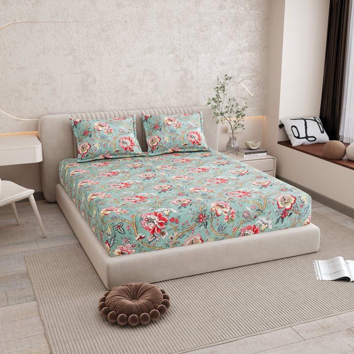 Bella Casa Fashion & Retail Ltd BEDSHEET 72 inch x 78 inch + 10 inch / Turquoise and Coral Red / 100 % Pure Cotton Double Fitted Bedsheet Set 100% Cotton with 2 Pillow Covers Floral Design Turquoise and Coral Red Colour - Scarlet Collection