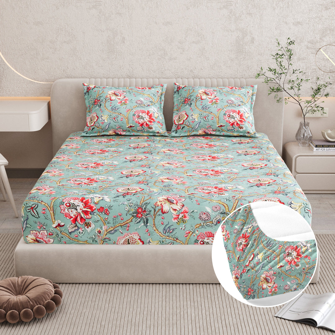 Bella Casa Fashion & Retail Ltd BEDSHEET 72 inch x 78 inch + 10 inch / Turquoise and Coral Red / 100 % Pure Cotton Double Fitted Bedsheet Set 100% Cotton with 2 Pillow Covers Floral Design Turquoise and Coral Red Colour - Scarlet Collection