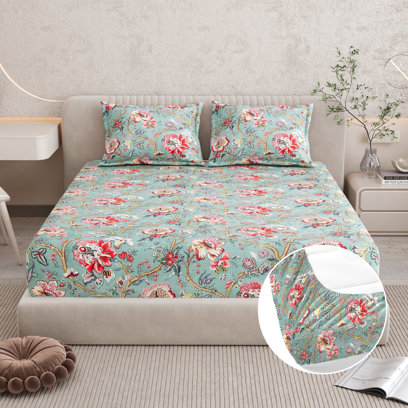 Bella Casa Fashion & Retail Ltd BEDSHEET 72 inch x 78 inch + 10 inch / Turquoise and Coral Red / 100 % Pure Cotton Double Fitted Bedsheet Set 100% Cotton with 2 Pillow Covers Floral Design Turquoise and Coral Red Colour - Scarlet Collection