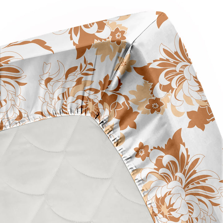 Bella Casa Fashion & Retail Ltd  BEDSHEET 72 inch x 78 inch + 10 inch / White / 100 % Cotton Bella Casa Double Fitted Bedsheet Set 100 % Cotton with 2 Pillow Covers Floral Design White Colour - Scarlet Collection