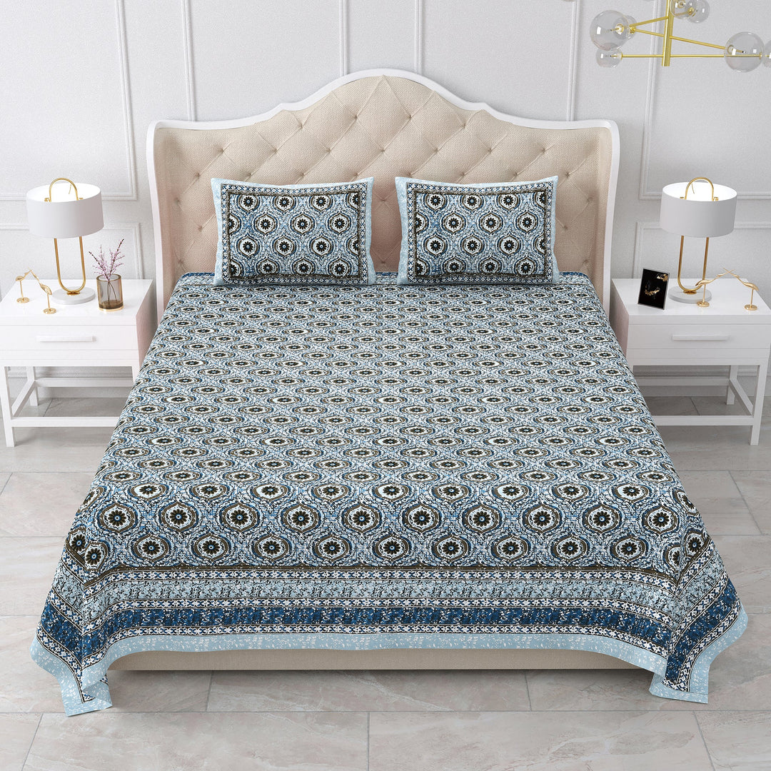 Bella Casa Fashion & Retail Ltd BEDSHEET 87 X 107 Inch / Blue / Cotton Double King Size Bedsheet with 2 Pillow Covers Cotton Blue Colour - Ethnic Collection