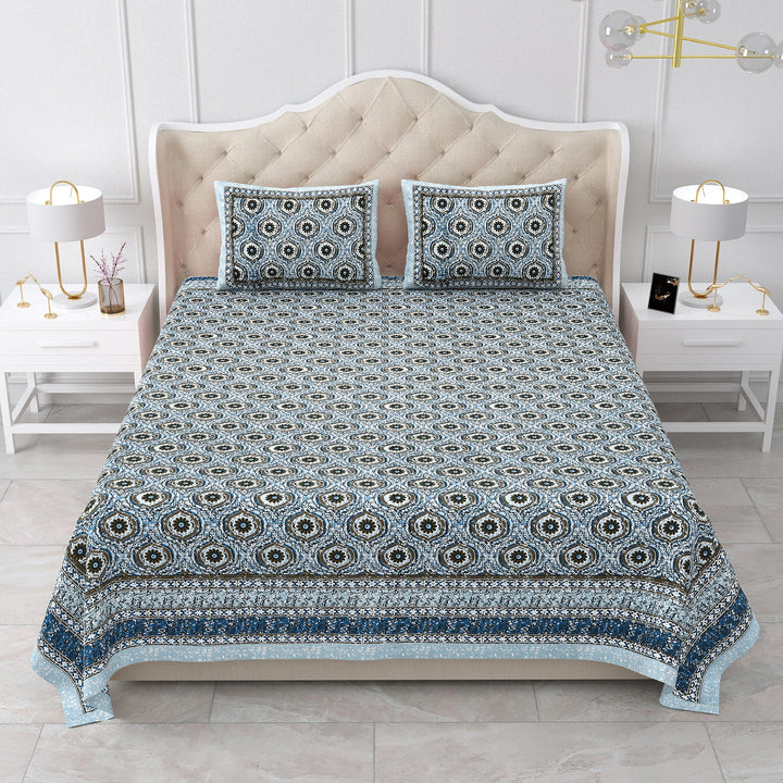 Bella Casa Fashion & Retail Ltd BEDSHEET 87 X 107 Inch / Blue / Cotton Double King Size Bedsheet with 2 Pillow Covers Cotton Blue Colour - Ethnic Collection