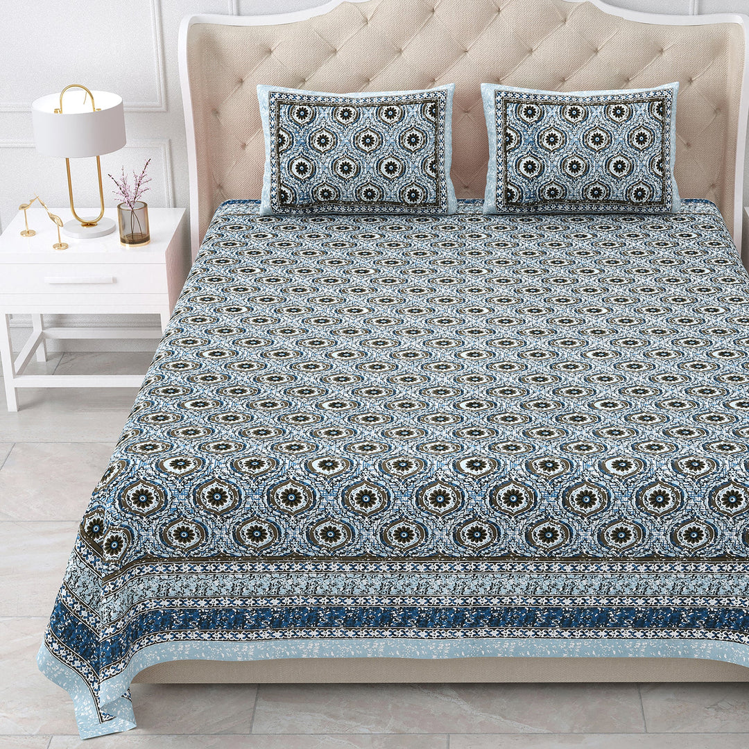 Bella Casa Fashion & Retail Ltd BEDSHEET 87 X 107 Inch / Blue / Cotton Double King Size Bedsheet with 2 Pillow Covers Cotton Blue Colour - Ethnic Collection
