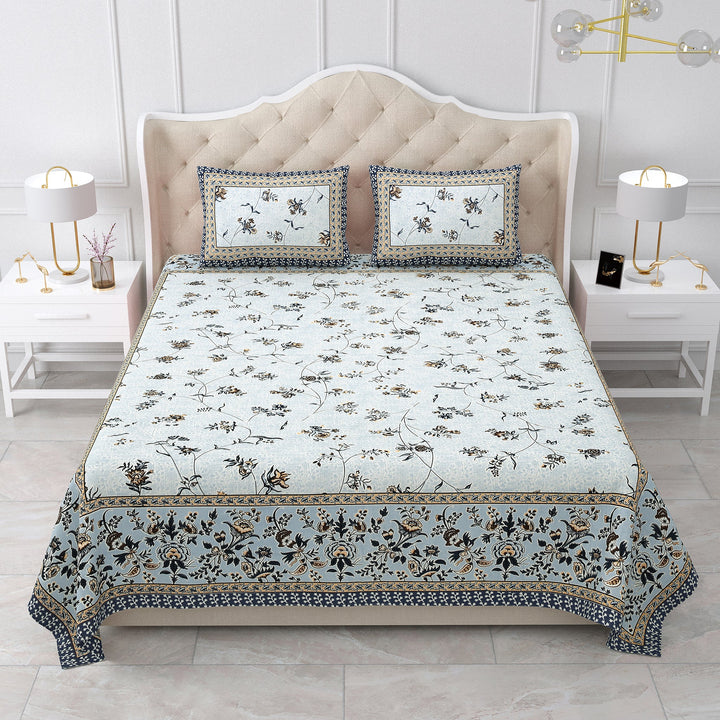 Bella Casa Fashion & Retail Ltd BEDSHEET 87 X 107 Inch / Blue / Cotton Double King Size Bedsheet with 2 Pillow Covers Cotton Blue Colour - Ethnic Collection