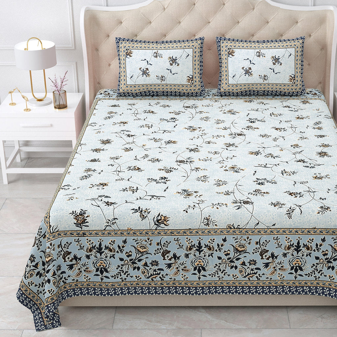 Bella Casa Fashion & Retail Ltd BEDSHEET 87 X 107 Inch / Blue / Cotton Double King Size Bedsheet with 2 Pillow Covers Cotton Blue Colour - Ethnic Collection