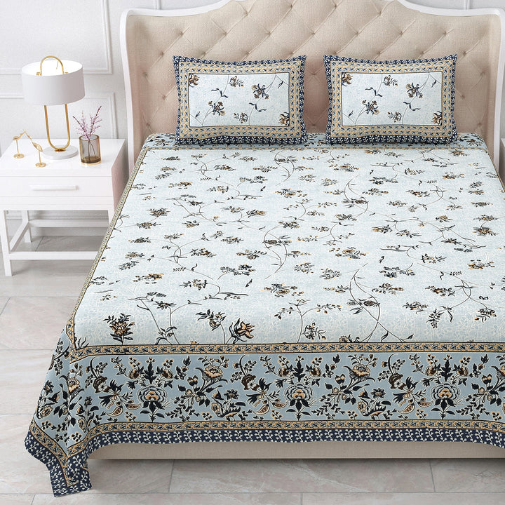 Bella Casa Fashion & Retail Ltd BEDSHEET 87 X 107 Inch / Blue / Cotton Double King Size Bedsheet with 2 Pillow Covers Cotton Blue Colour - Ethnic Collection