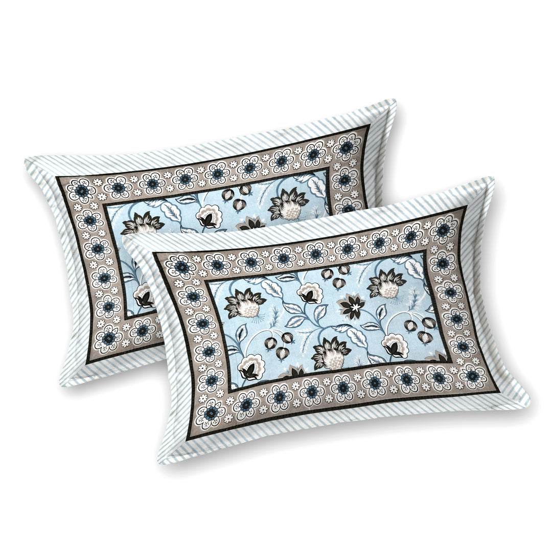Bella Casa Fashion & Retail Ltd BEDSHEET 87 X 107 Inch / Blue / Cotton Double King Size Bedsheet with 2 Pillow Covers Floral Motifs Printed Cotton Blue Colour - Ethnic Collection
