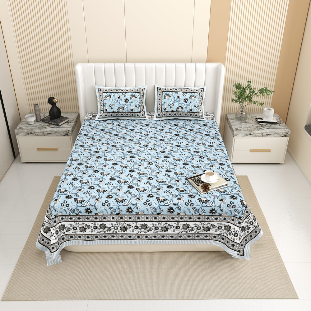 Bella Casa Fashion & Retail Ltd BEDSHEET 87 X 107 Inch / Blue / Cotton Double King Size Bedsheet with 2 Pillow Covers Floral Motifs Printed Cotton Blue Colour - Ethnic Collection