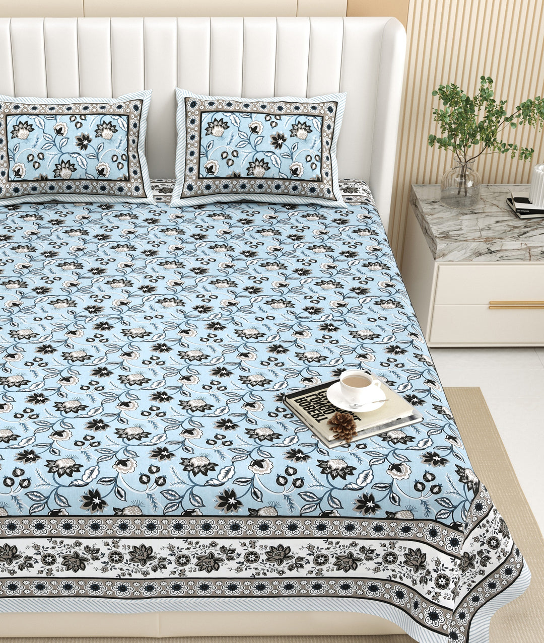 Bella Casa Fashion & Retail Ltd BEDSHEET 87 X 107 Inch / Blue / Cotton Double King Size Bedsheet with 2 Pillow Covers Floral Motifs Printed Cotton Blue Colour - Ethnic Collection