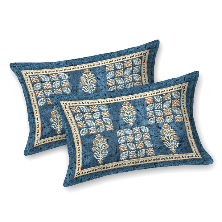 Bella Casa Fashion & Retail Ltd BEDSHEET 87 X 107 Inch / Blue / Cotton Double King Size Bedsheet with 2 Pillow Covers Floral Motifs Printed Cotton Blue Colour - Ethnic Collection