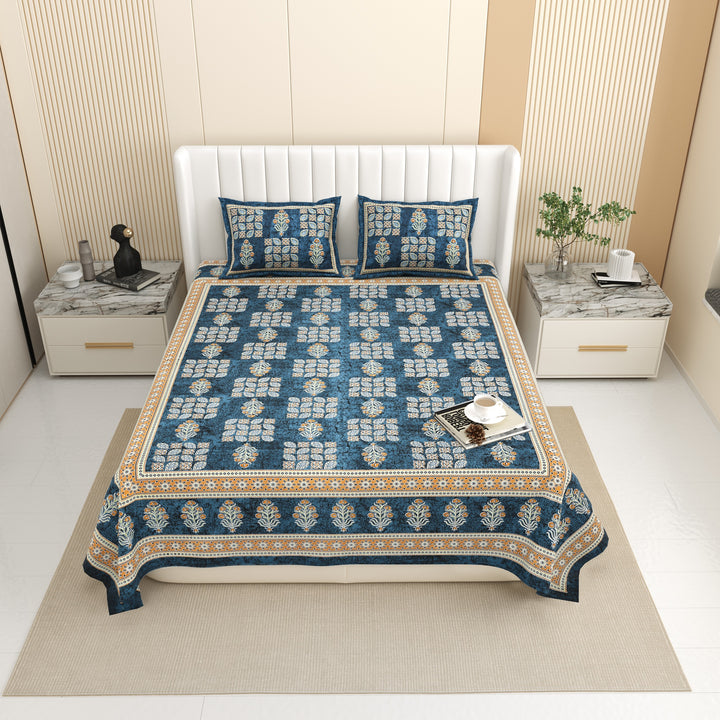 Bella Casa Fashion & Retail Ltd BEDSHEET 87 X 107 Inch / Blue / Cotton Double King Size Bedsheet with 2 Pillow Covers Floral Motifs Printed Cotton Blue Colour - Ethnic Collection