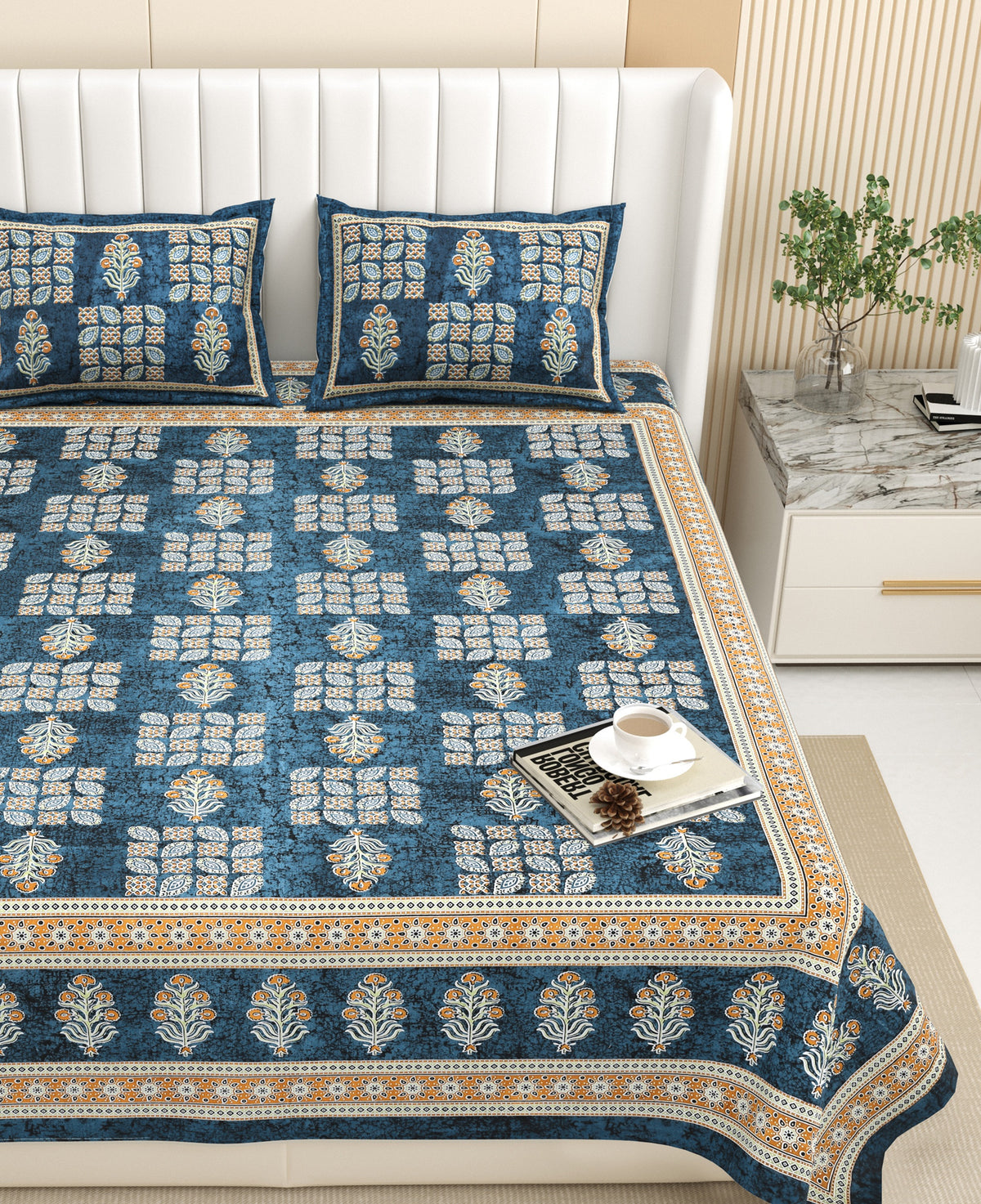 Bella Casa Fashion & Retail Ltd BEDSHEET 87 X 107 Inch / Blue / Cotton Double King Size Bedsheet with 2 Pillow Covers Floral Motifs Printed Cotton Blue Colour - Ethnic Collection