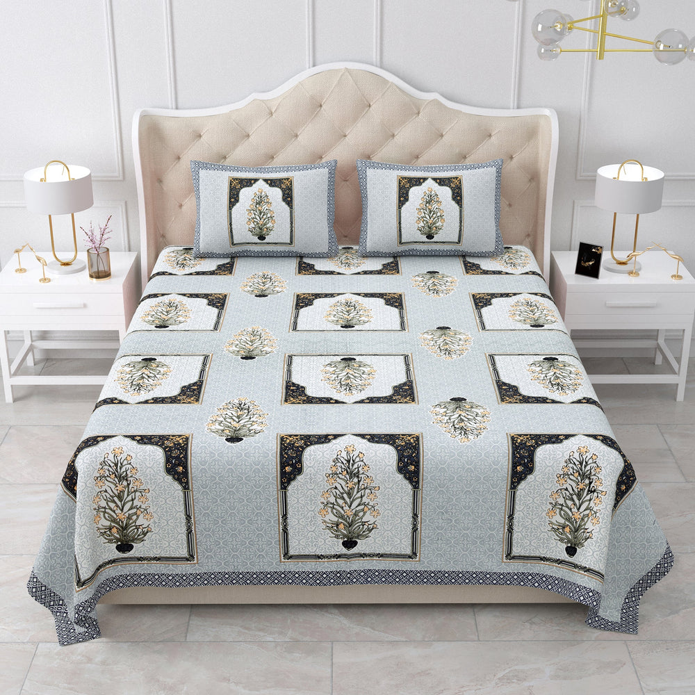 Bella Casa Fashion & Retail Ltd BEDSHEET 87 X 107 Inch / Blue & Green / Cotton Double King Size Bedsheet with 2 Pillow Covers Cotton Blue & Green Colour - Ethnic Collection