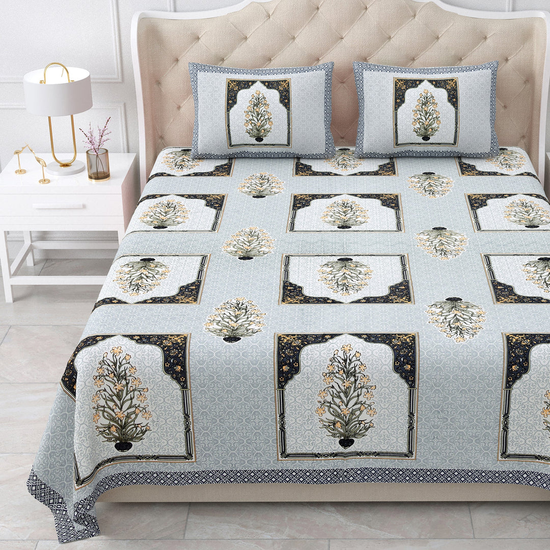 Bella Casa Fashion & Retail Ltd BEDSHEET 87 X 107 Inch / Blue & Green / Cotton Double King Size Bedsheet with 2 Pillow Covers Cotton Blue & Green Colour - Ethnic Collection