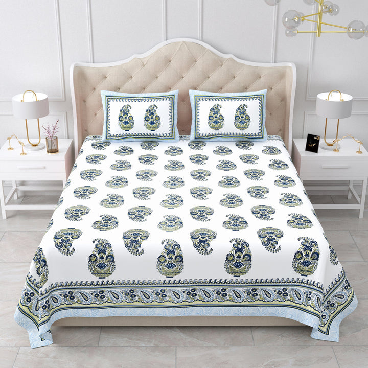 Bella Casa Fashion & Retail Ltd BEDSHEET 87 X 107 Inch / Blue & White / Cotton Double King Size Bedsheet with 2 Pillow Covers Cotton Blue & White Colour - Ethnic Collection