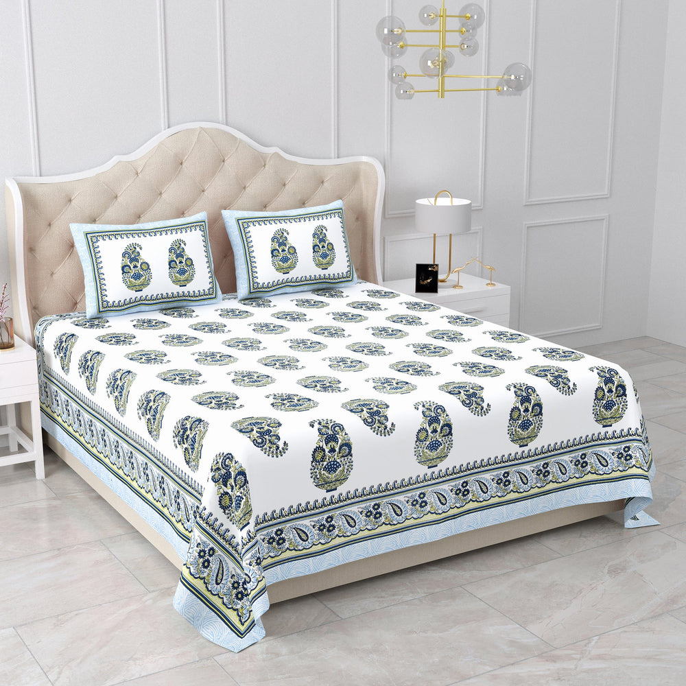 Bella Casa Fashion & Retail Ltd BEDSHEET 87 X 107 Inch / Blue & White / Cotton Double King Size Bedsheet with 2 Pillow Covers Cotton Blue & White Colour - Ethnic Collection