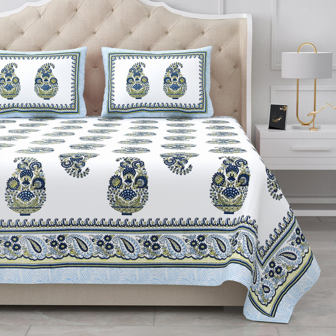 Bella Casa Fashion & Retail Ltd BEDSHEET 87 X 107 Inch / Blue & White / Cotton Double King Size Bedsheet with 2 Pillow Covers Cotton Blue & White Colour - Ethnic Collection