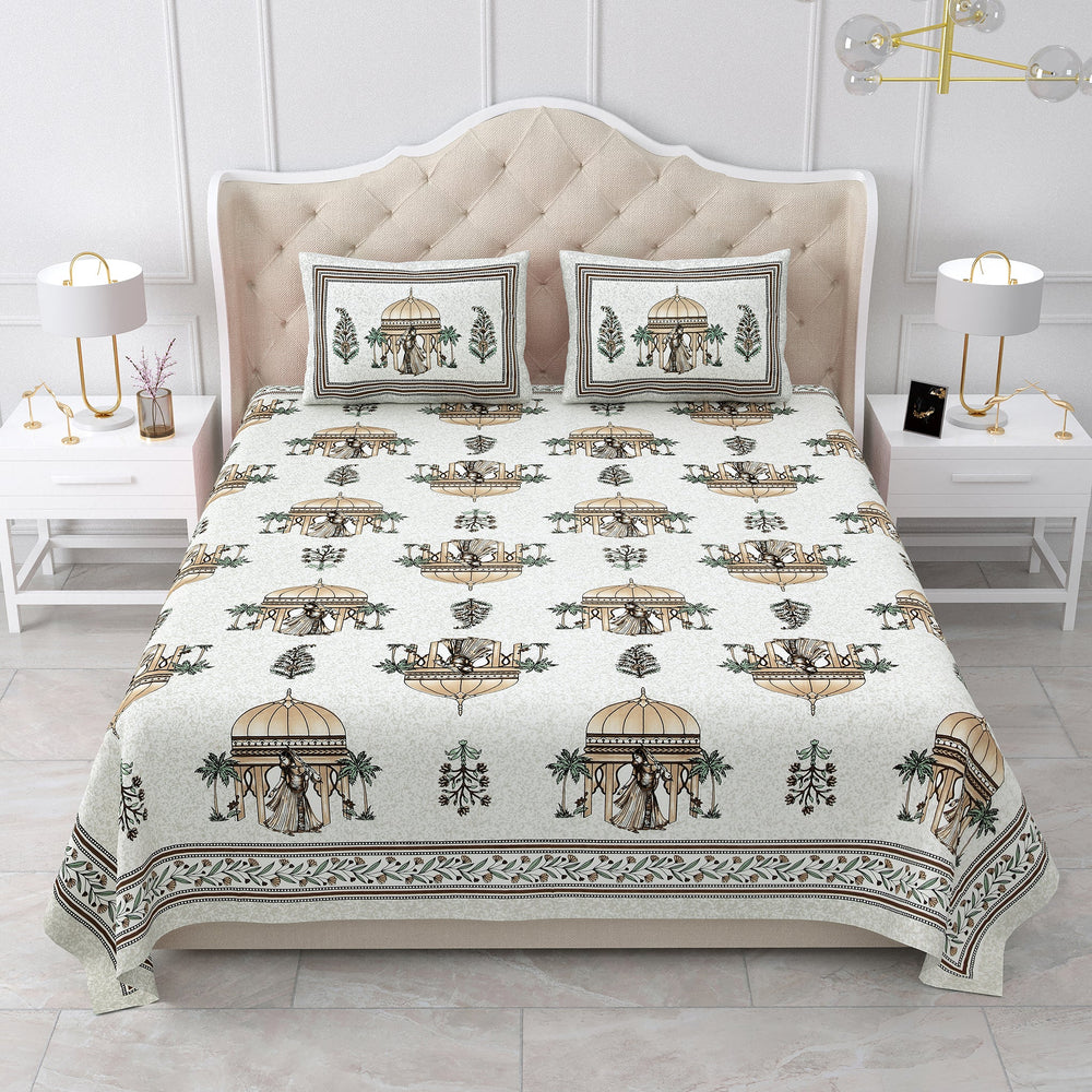 Bella Casa Fashion & Retail Ltd BEDSHEET 87 X 107 Inch / Brown & Green / Cotton Double King Size Bedsheet with 2 Pillow Covers Cotton Brown & Green Colour - Ethnic Collection