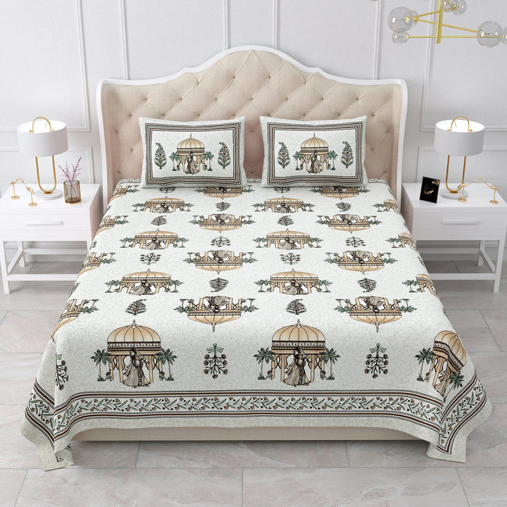 Bella Casa Fashion & Retail Ltd BEDSHEET 87 X 107 Inch / Brown & Green / Cotton Double King Size Bedsheet with 2 Pillow Covers Cotton Brown & Green Colour - Ethnic Collection