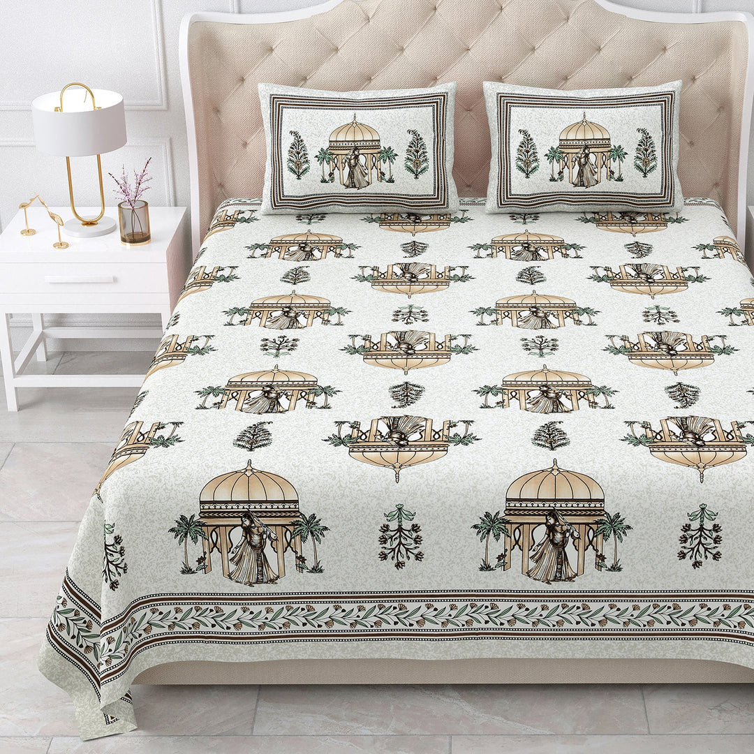 Bella Casa Fashion & Retail Ltd BEDSHEET 87 X 107 Inch / Brown & Green / Cotton Double King Size Bedsheet with 2 Pillow Covers Cotton Brown & Green Colour - Ethnic Collection