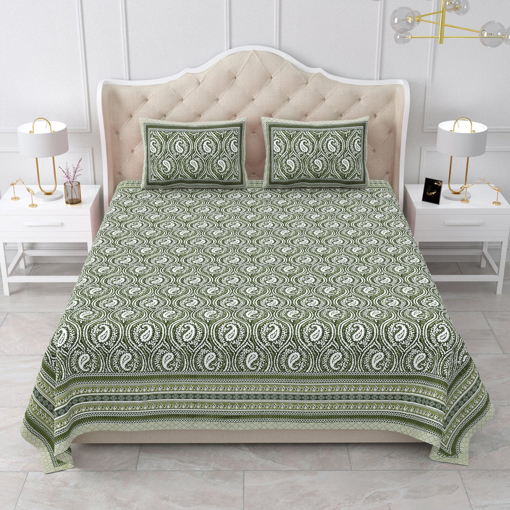 Bella Casa Fashion & Retail Ltd BEDSHEET 87 X 107 Inch / Green / Cotton Double King Size Bedsheet with 2 Pillow Covers Cotton Green Colour - Ethnic Collection