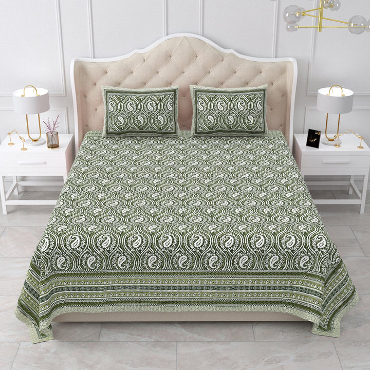 Bella Casa Fashion & Retail Ltd BEDSHEET 87 X 107 Inch / Green / Cotton Double King Size Bedsheet with 2 Pillow Covers Cotton Green Colour - Ethnic Collection