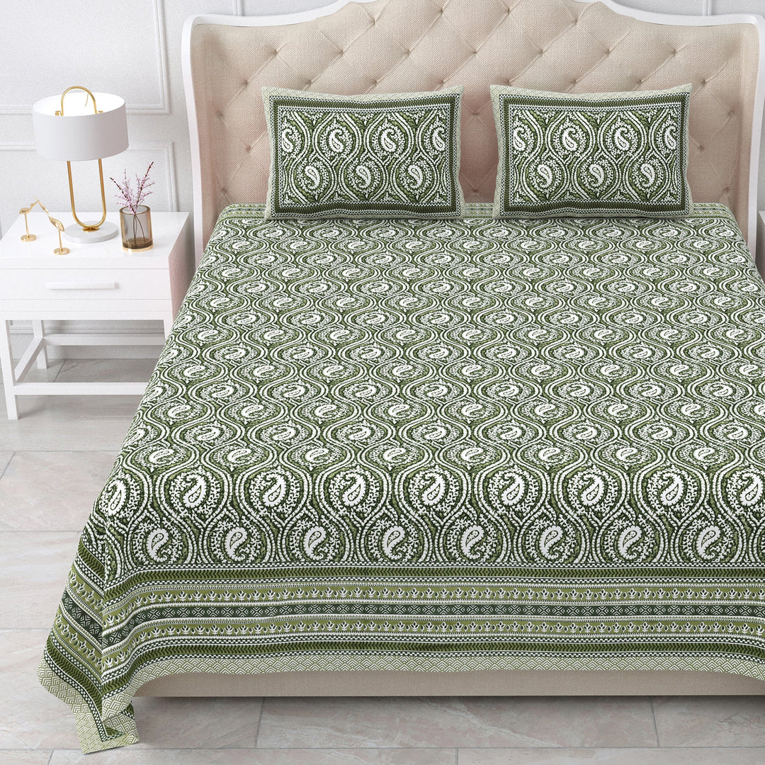 Bella Casa Fashion & Retail Ltd BEDSHEET 87 X 107 Inch / Green / Cotton Double King Size Bedsheet with 2 Pillow Covers Cotton Green Colour - Ethnic Collection