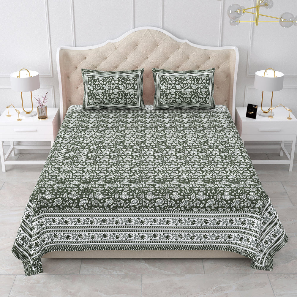 Bella Casa Fashion & Retail Ltd BEDSHEET 87 X 107 Inch / Green / Cotton Double King Size Bedsheet with 2 Pillow Covers Cotton Green Colour - Ethnic Collection