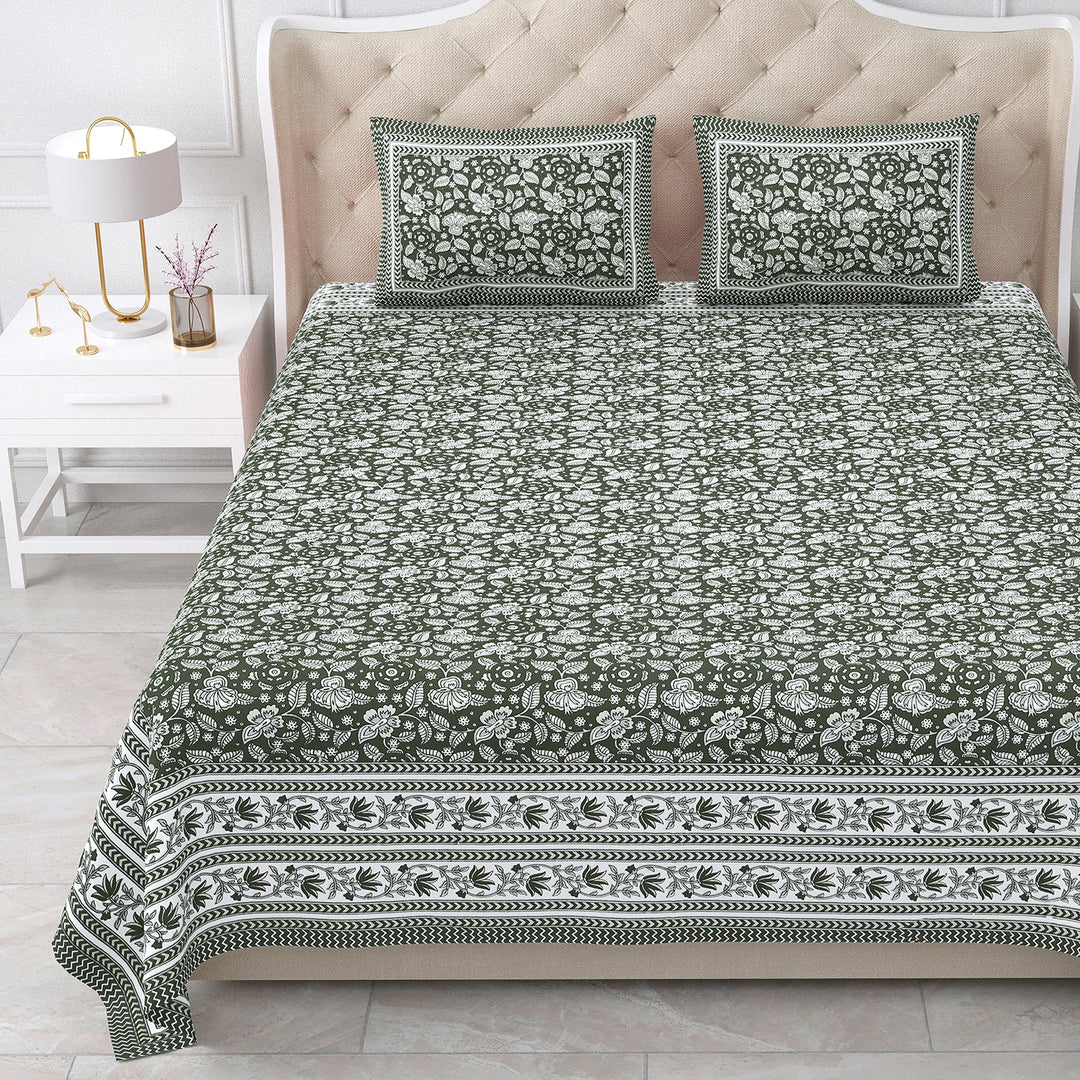 Bella Casa Fashion & Retail Ltd BEDSHEET 87 X 107 Inch / Green / Cotton Double King Size Bedsheet with 2 Pillow Covers Cotton Green Colour - Ethnic Collection
