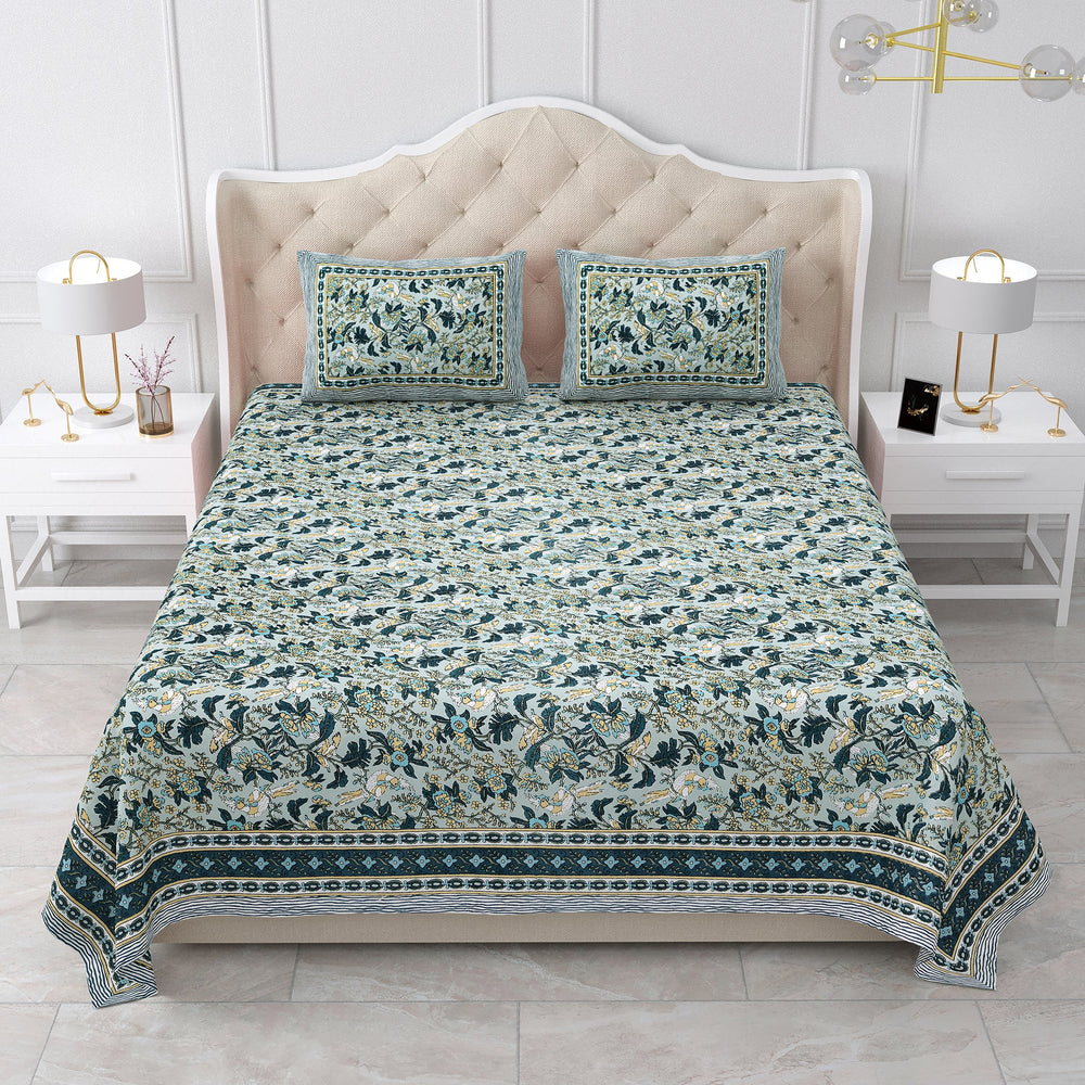 Bella Casa Fashion & Retail Ltd BEDSHEET 87 X 107 Inch / Green / Cotton Double King Size Bedsheet with 2 Pillow Covers Cotton Green Colour - Ethnic Collection