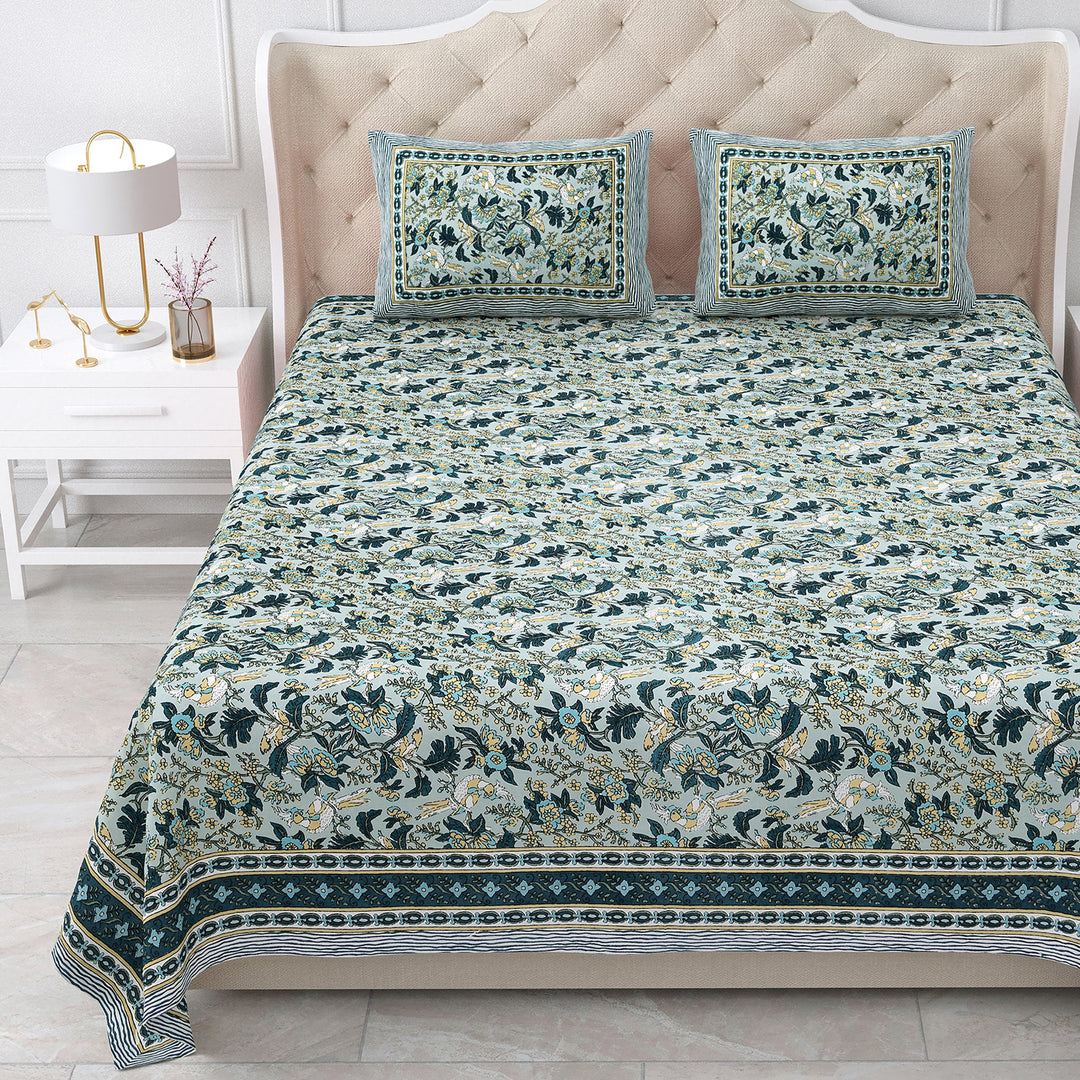 Bella Casa Fashion & Retail Ltd BEDSHEET 87 X 107 Inch / Green / Cotton Double King Size Bedsheet with 2 Pillow Covers Cotton Green Colour - Ethnic Collection