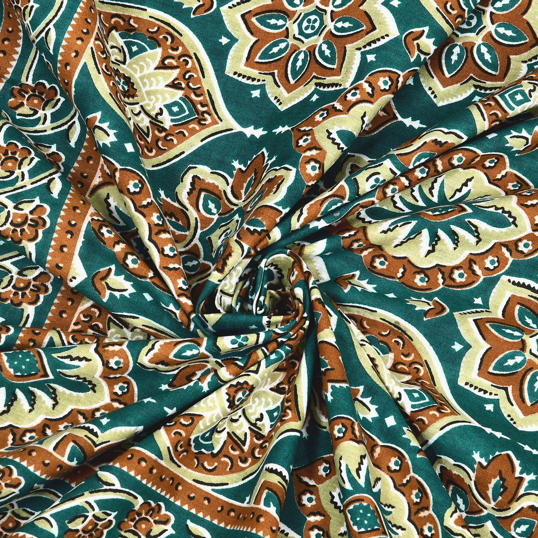 Bella Casa Fashion & Retail Ltd BEDSHEET 87 X 107 Inch / Green / Cotton Double King Size Bedsheet with 2 Pillow Covers Floral Motifs Printed Cotton Green Colour - Ethnic Collection