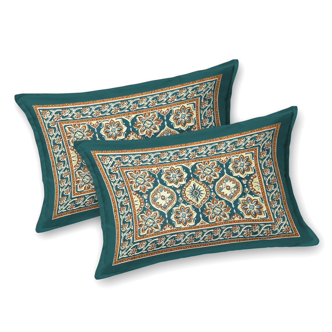 Bella Casa Fashion & Retail Ltd BEDSHEET 87 X 107 Inch / Green / Cotton Double King Size Bedsheet with 2 Pillow Covers Floral Motifs Printed Cotton Green Colour - Ethnic Collection
