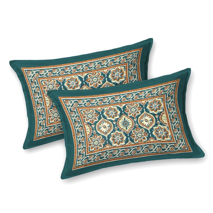 Bella Casa Fashion & Retail Ltd BEDSHEET 87 X 107 Inch / Green / Cotton Double King Size Bedsheet with 2 Pillow Covers Floral Motifs Printed Cotton Green Colour - Ethnic Collection