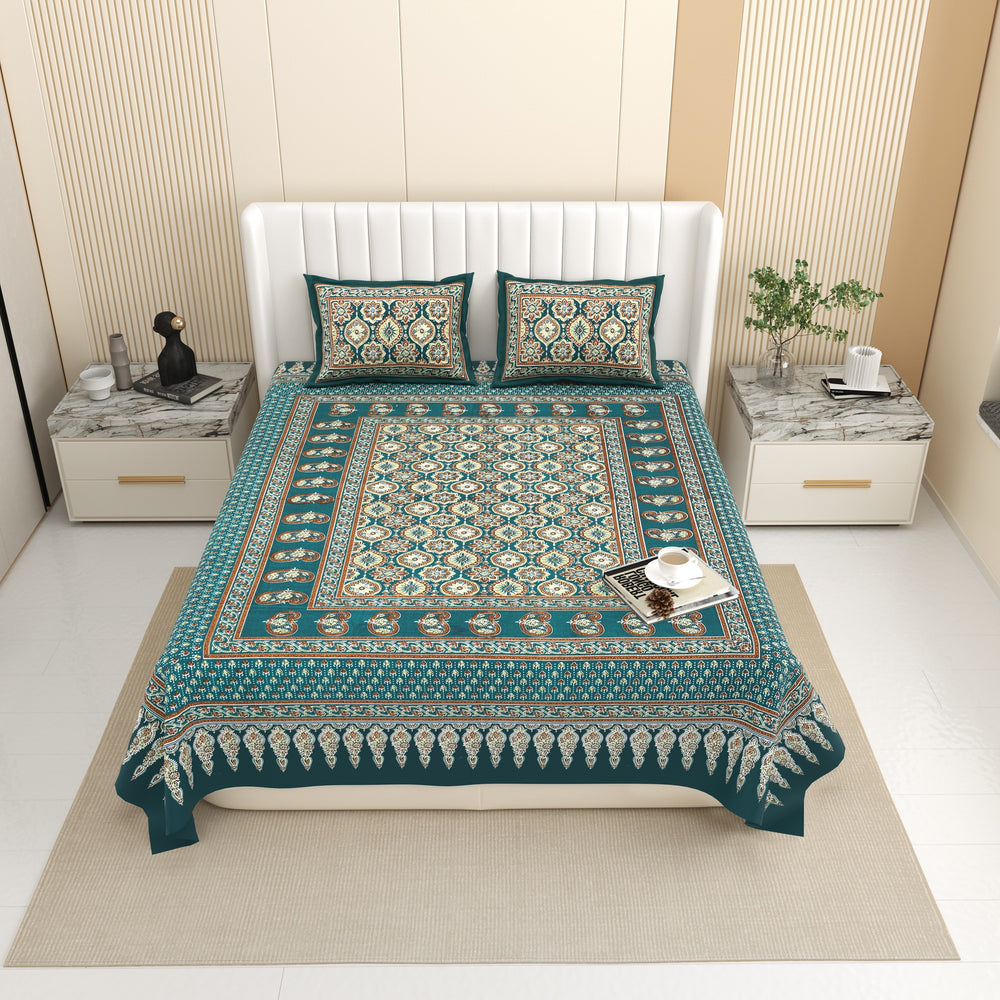 Bella Casa Fashion & Retail Ltd BEDSHEET 87 X 107 Inch / Green / Cotton Double King Size Bedsheet with 2 Pillow Covers Floral Motifs Printed Cotton Green Colour - Ethnic Collection